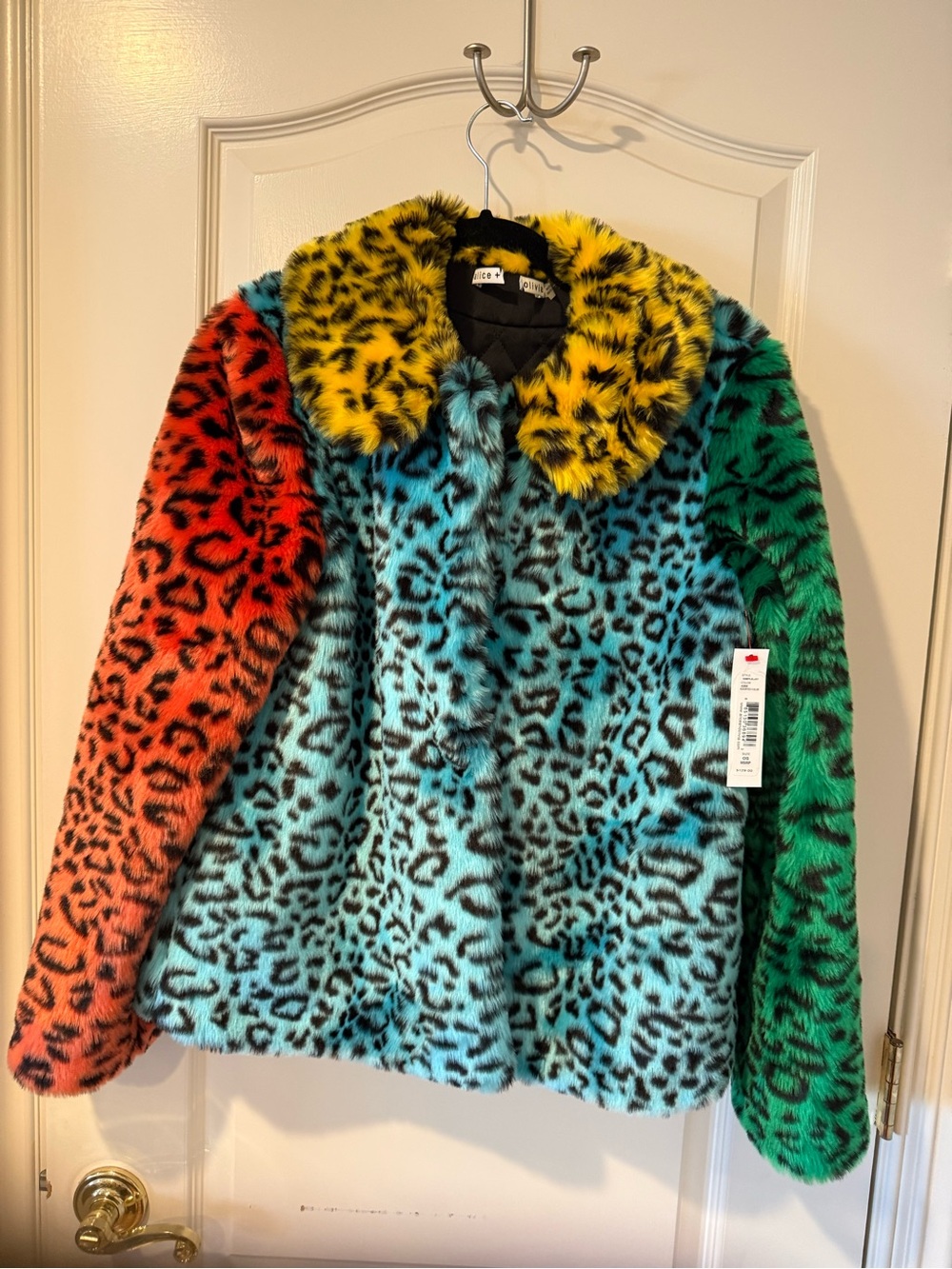 Woman Multicolor Faux Fur Leopard Print Jacket - Yellow Collar - Picture 6 of 6